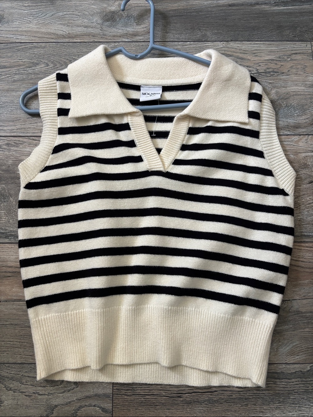 Striped Sleeveless Polo Sweater Vest in Cream and Black